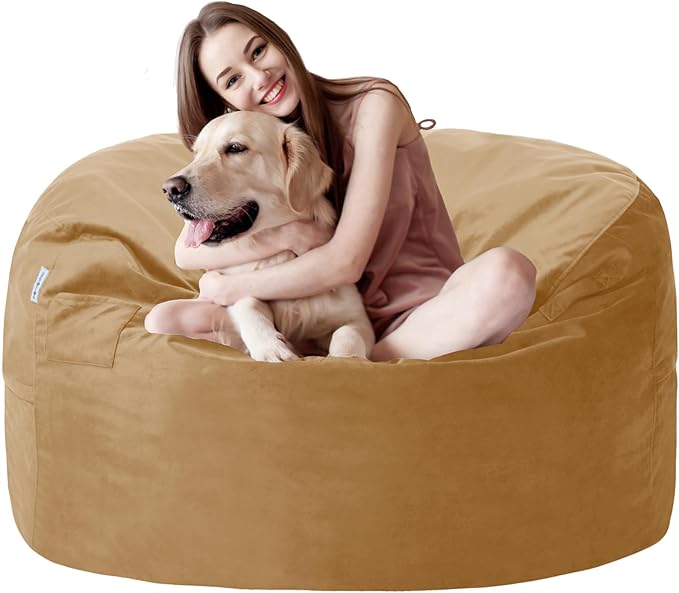 3FT Bean Bag Chair with Ultra Soft Velvet Cover Bean Bag Sofa with Memory Foam Bean Bag Chairs with Large Size Lazy Sofa for Dorm Office Living Room Bedroom Camel 3'