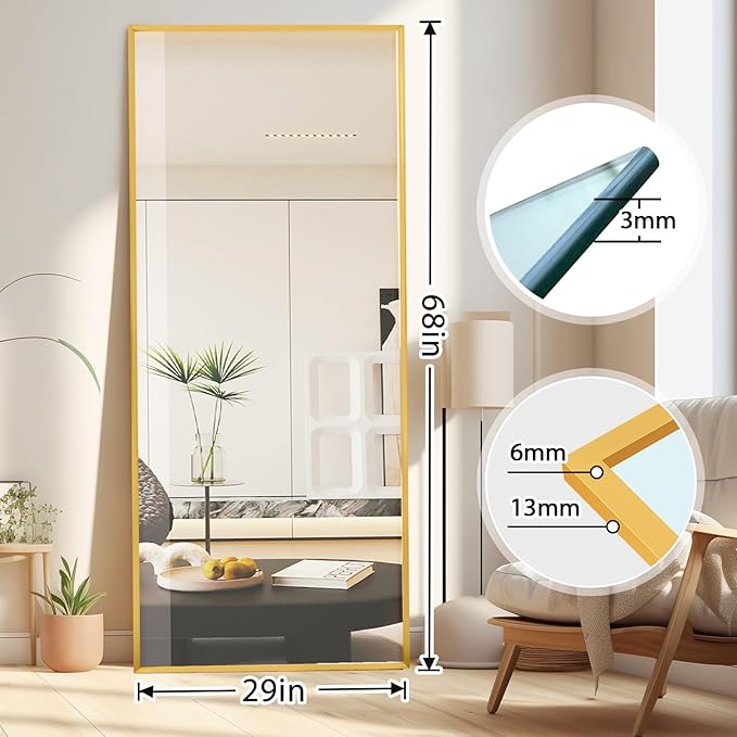 Tall Full Body Mirror, 68''x 29'' With Gold Aluminum Alloy Frame, Floor Length Leaning Against Wall for Bedroom Decor, Women Dressing