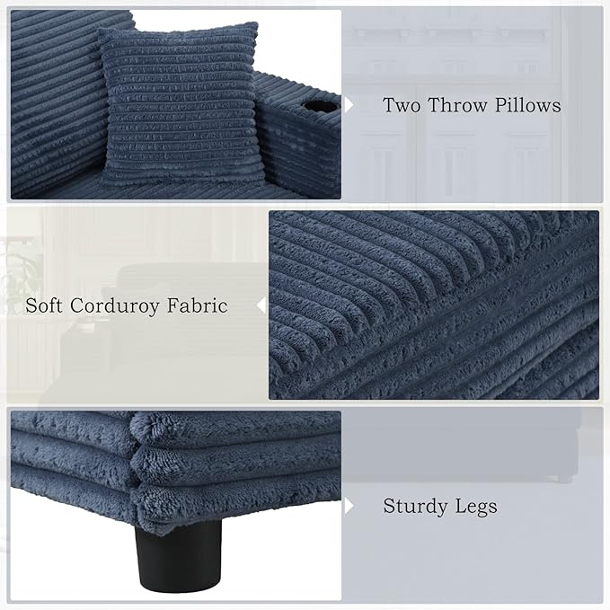 Merax 86.5" W*62" L Oversized Sleeper Sofa Bed, Corduroy Upholstery Sectional Couch Loveseat Chaise Lounge with 2 Throw Pillows, USB Ports, Cup Holders for Living Room and Bedroom, Blue