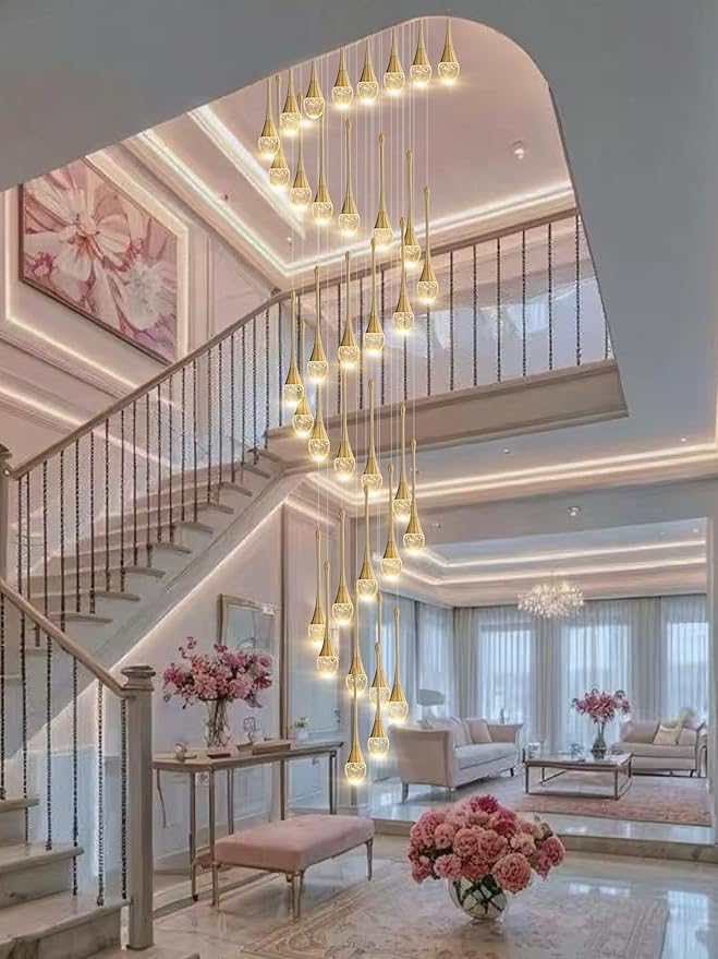 H150 Spiral Chandelier Lighting Modern Gold Chandelier Light Fixture for Foyer Hallway Crystal Chandeliers for High Ceilings Suitable for Sloping Ceiling 2700-6000k Dimmable