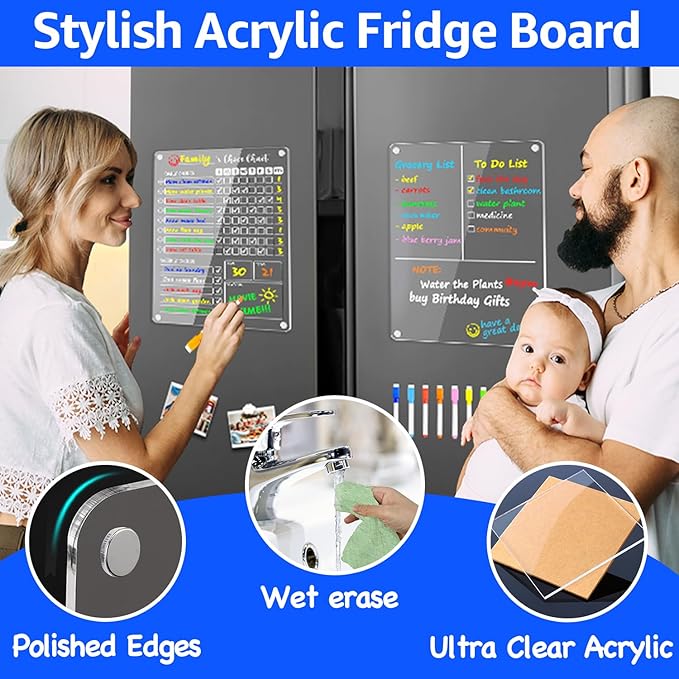PigPotParty Clear Acrylic Magnetic Chore Chart and Blank Memo Whiteboard for Fridge, 2 Pack 9.5"x12" Dry Erase Board to Do List Meal Planner for Adult Teens Kids Family, Include 8 Markers & 1 Towel