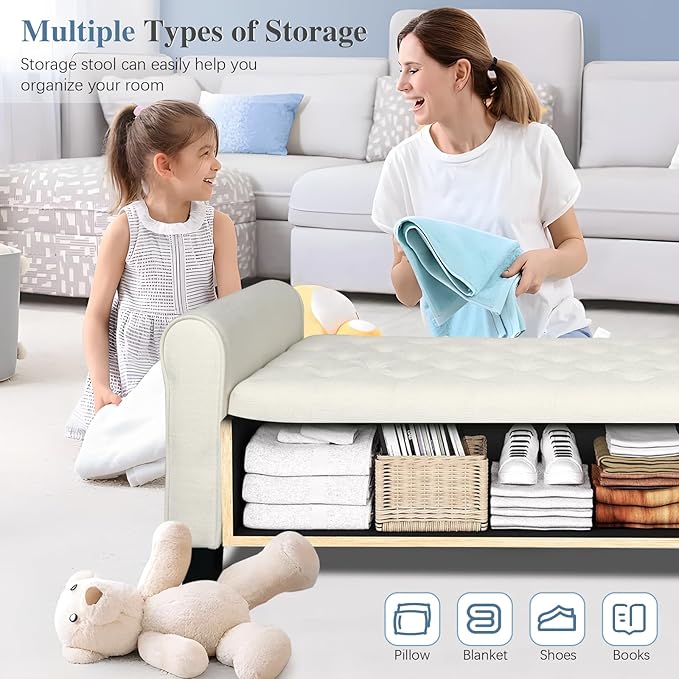 Storage Ottoman Bench with Arms, End of Bed Bench for Bedroom, Button Tufted Storage Bench for Entryway, Living Room,Hallway, Large Storage Bench Foot Rest (Beige)