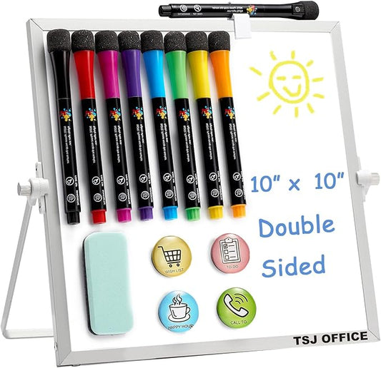 Small Magnetic Dry-Erase White Board – 10 x 10 Inches Mini Easel Whiteboard 360 Degrees Revolving Double Sided Stand for Office, Home, School