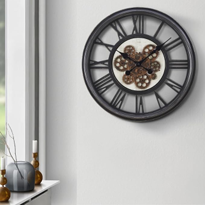 20 Inch Retro Black Wall Clock, Silent Non-Ticking Battery Operated Round Vintage Clock with Moving Gears,Decorative Living Room, Kitchen, Bedroom Decor