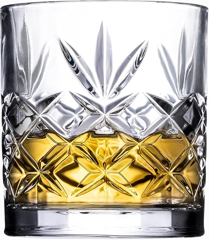 Royalty Art Whiskey Glasses - Set of 4 Premium Crystal Tumblers with The Distinctive Kinsley Design - Perfect for Bourbon, Scotch, Whiskey, and Cocktails - Ideal Gift for Enthusiasts 10.6 oz