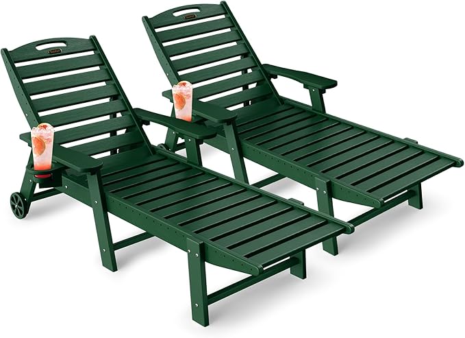 Lounge Chair Outdoor Set of 2, 6-Position Adjustable Chaise Lounge Outdoor with Wheels, Lounge Chair with Cup Holder for Pool Poolside Deck Backyard Patio, Green