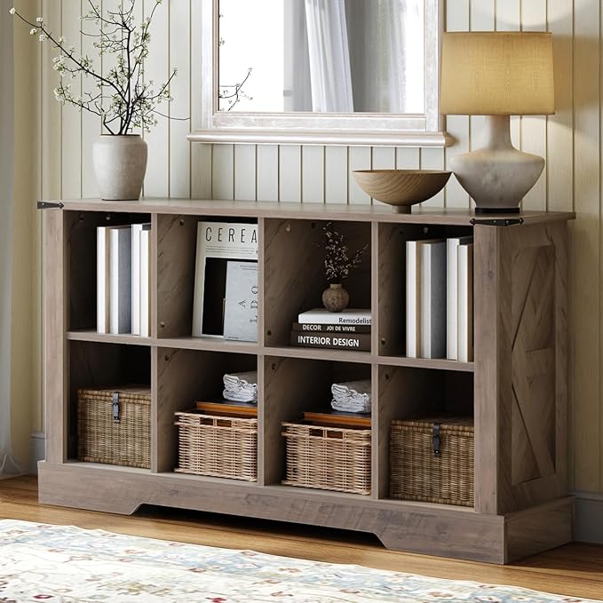 8 Cube Storage Organizer, 2 Tier Bookshelf for Living Room, Farmhouse Bookcase with Led, Kids Toy Storage Cabinet, Wall Cubby Shelves for Home Decor, Wood Display Cabinet for Bedroom, Grey