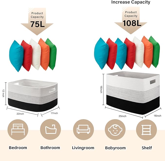 OIAHOMY 108L Large Cotton Rope Basket, Rectangle Woven Baskets for Storage, Nursery Blanket Storage Living Room, Toy Basket With Handle-25”x16”x16”-Gradient Black