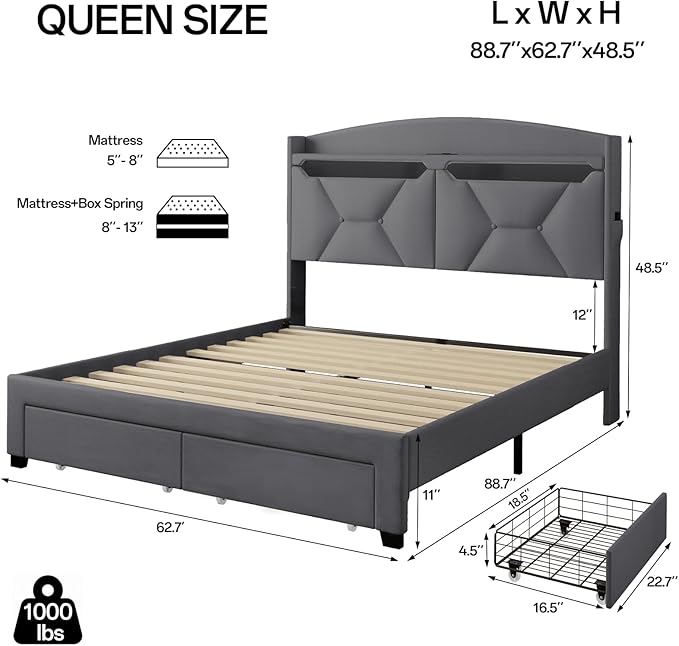 Queen Size Bed Frame, Queen Bed Frame with Storage Drawers, Upholstered Bed Queen Size with Charging Station and LED Lights, Easy Assembly, Grey