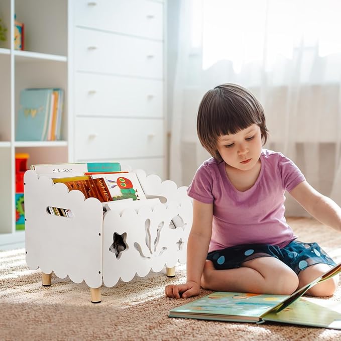 Liitrton Wood Kids Bookshelf for Kids Rooms, Toddler Montessori Bookshelf with 3 Adjustable Dividers, Small Kid Bookcase for Nursery Book Toy Storage (White)
