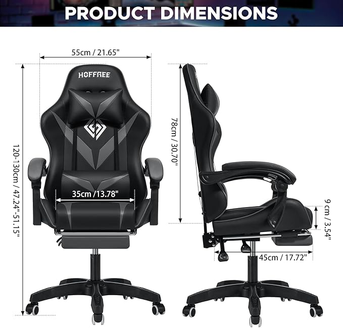 HOFFREE Massage Gaming Chair for Kids Computer Gamer Chair with Footrest and Lumbar Support Reclining PC Game Chair with Headrest for Gaming Room Gray and Black