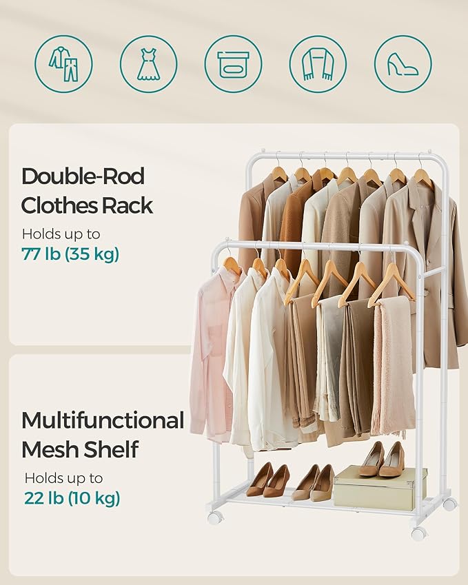 SONGMICS Double Rods Clothes Rack with Wheels, Clothing Rack for Hanging Clothes, Heavy Duty Garment Rack with Mesh Storage Shelf, 2 Brakes, Each Top Rail Holds up to 77 lb, White UHSR026W01