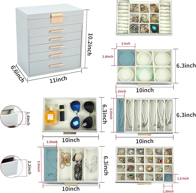 BOOVO Jewelry Box with Necklace Hanger – 6 layer Jewelry Organizer for Women with 5 Drawers, Large Jewelry Storage Boxes –Jewelry Organizers and Storage for Earrings, Necklaces (Grey, 6 layer)