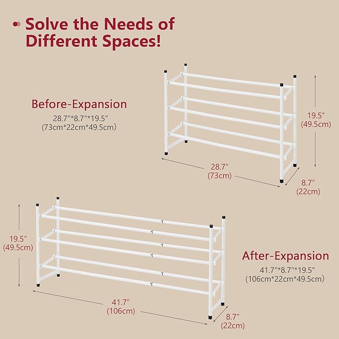 Tajsoon Expandable Shoe Rack for Closet 3 Tier, 28“-41“Adjustable & Stackable Shoe Shelf Storage, Metal Shoe Rack Organizer for Front Door Entrance, Closet, Garage, Entryway, White