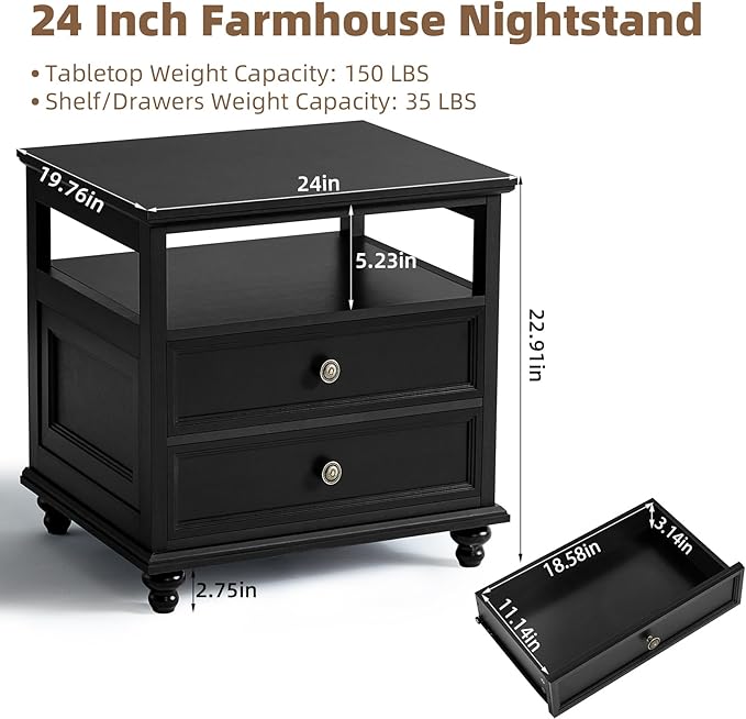 24" Wide Farmhouse Night Stand Set of 2,Large End Table with 2 Drawers & Metal Handle,Black Wood Dresser for Bedroom, Bed Side Table Chest of Drawers Cabinet, Nightstand for Living Room,Closet