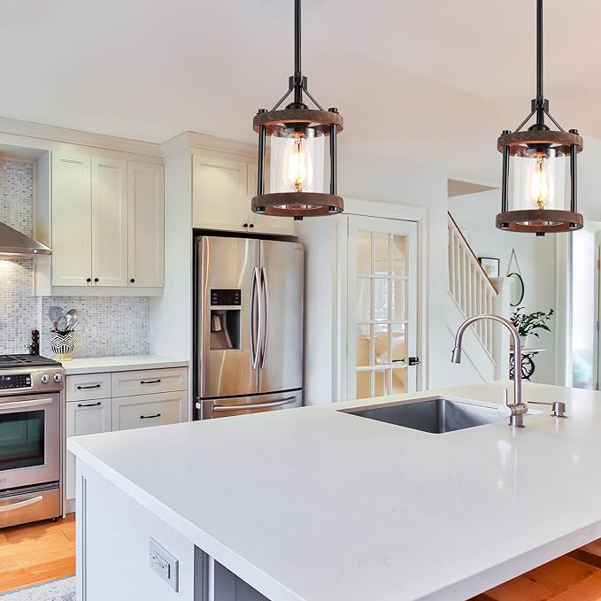 SGLfarmty Farmhouse Pendent Lights for Kitchen Island, Rustic Black and Wood Light Fixtures with Glass, Bronze Pendant Lamps Over Table, Chain Hanging Light for Dining Room, Sink, Bar, 1 Pack