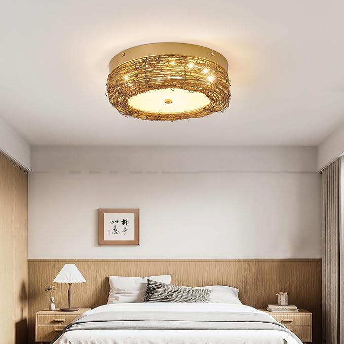 11 inch Rattan Light Fixture Boho Flush Mount Ceiling Light Hand Woven LED Ceiling Lamp for Hallway Bedroom Kitchen Entryway Living Room Nursery