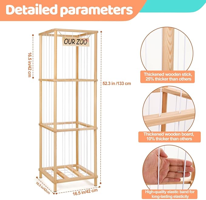 ACEPRUT Wood Stuffed Animal Storage Holder for 50 Plushies, Three Tier Vertical Large Stuffed Animal Zoo Organizer for Playroom Bedroom, Toy Storage Birthday Gifts for Kids