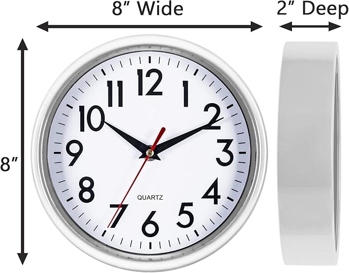 Bernhard Products White Wall Clock 8 Inch Retro Kitchen Silent Non-Ticking Quality Quartz Battery Operated Clock for Home/Office/Classroom/Bathroom/Nursery Room Easy to Read
