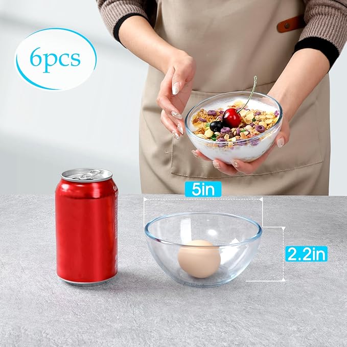 NUTRIUPS 5 Inch Small Glass Bowls Set of 6, Tempered Glass Sauce Bowls for Kitchen Microwave and Oven Safe