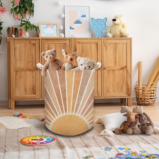 Boho Laundry Basket, Mid Century Modern Boho Neutral Sun Sunshine Waterproof Collapsible Laundry Hamper Dirty Clothes Storage Toy Bin Organizer for Bathroom Bedroom Nursery Girls Kids Room