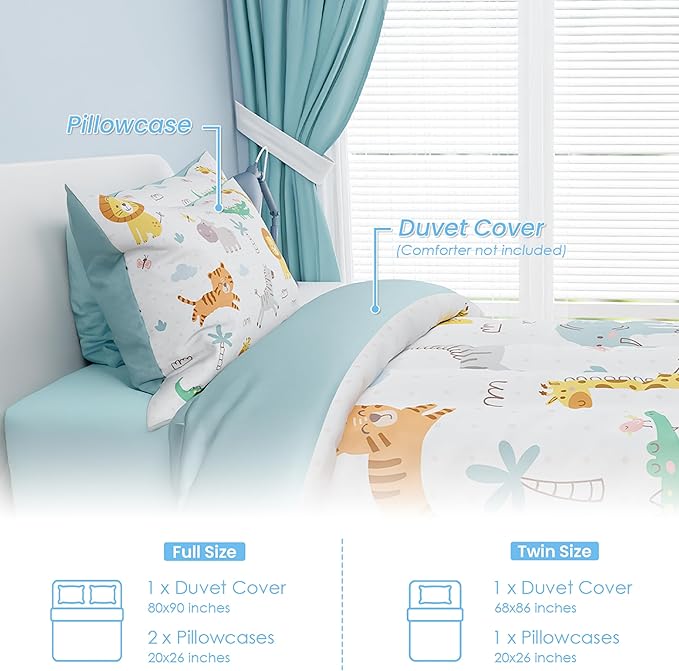 SANDJEST Animal Duvet Cover Sets Full Size for Kids Boys Girls, Include 1 Polyester Comforter Cover 80x90 Inches and 2 Pillowcases 20x26 Inches, Comforter Not Included, Gift for Christmas Birthday