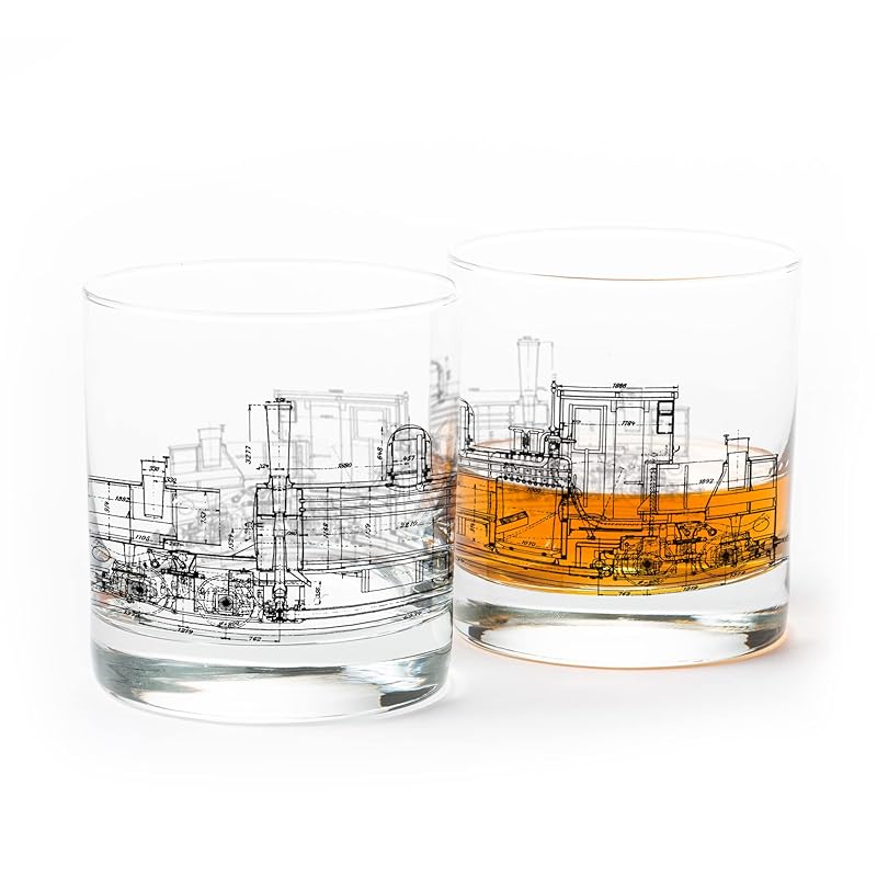Black Lantern Whiskey Glass Set - Old Fashioned Tumbler Glasses for Cocktails Bourbon Scotch and Whisky - Nature Graphics - Two 11oz. Tumblers with Heavy Base (Locomotive Blueprints)