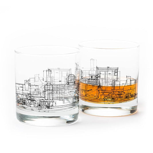 Black Lantern Whiskey Glass Set - Old Fashioned Tumbler Glasses for Cocktails Bourbon Scotch and Whisky - Nature Graphics - Two 11oz. Tumblers with Heavy Base (Locomotive Blueprints)