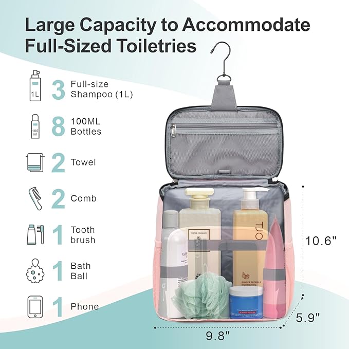 F-color Hanging Shower Caddy Portable - College Dorm Essentials for Guys with Hooks, Quick-Dry Shower Bag for Dorm Travel Gym Camping Essentials, Water-Resistant with Multiple Pockets, Light Pink