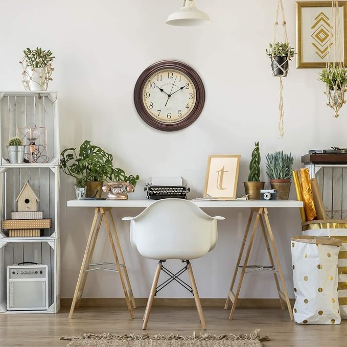 Bernhard Products Vintage Wall Clock Silent Non Ticking - 12 Inch Quality Quartz Battery Operated Decorative Brown Clock for Home Kitchen Living/Dining Room Office Decor, Easy to Read, Rustic Bronze