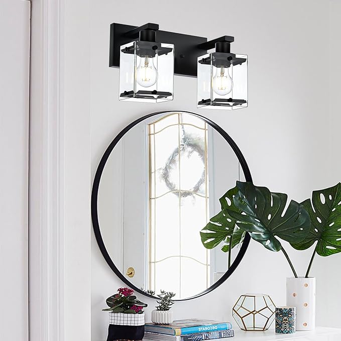Black 2-Light Wall Sconce Bathroom Light Fixture, Rectangular Clear Glass Vanity Lighting Over Mirror, E26 Bulb Base