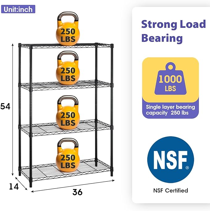 PayLessHere Shelves Shelf Storage Shelves Heavy Duty 4 Tier Adjustable Shelf 1000 lbs Total Capacity NSF Certified Height Adjustable Stable Leveling Feet Easy Assembly (Black)