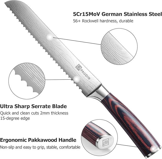 PAUDIN Bread Knife 8", Ultra Sharp Knife Wave Edge - Forged Premium German HC Stainless Steel, Serrated Bread Knife for Homemade Bread and Sourdough Bread, Pakkawood Handle