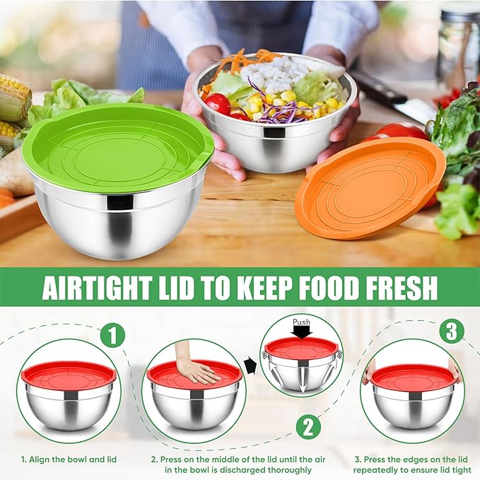 P&P CHEF Mixing Bowl with Airtight Lid Set of 5, 10-Piece Stainless Steel Nesting Salad Bowl Set for Prepping, Mixing and Serving, Size 4.6, 3, 1.5, 1, 0.7 QT, Rimmed Edges & Flat Base, Multicolor