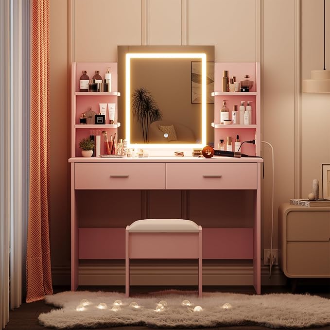 GAOMON Makeup Vanity Desk with Lights and Mirror, Vanity Table with 3 Lighting Modes, Storage Drawer, Shelves, Charging Station and Included Stool for Bedroom, Pink