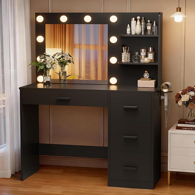 YESHOMY Vanity Desk with Mirror, 10 Lights, Power Outlet and 3 Storage Shelves, Makeup Table with 4 Drawers, 3 Color Modes, for Bedroom, Pure Black