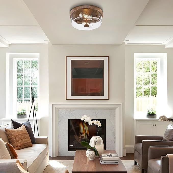 Flush Mount Ceiling Light with Clear Glass Shade, 2-Light Indoor Outdoor Farmhouse Lighting Flush Mount Lights for Kitchen Bedroom Porch Living Dining Room (Wood)