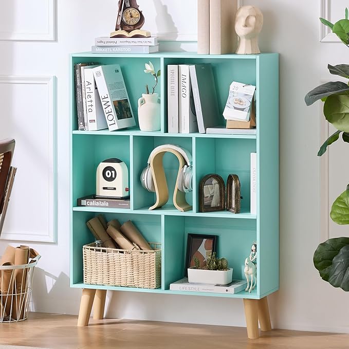LEYAOYAO 7 Cube Bookshelf 3-Tier Bookcase with Legs, Mint-Green Kids Book Shelf Cute Storage Organizer, Toy Shelves Bookshelves,Wood Display Bookcases