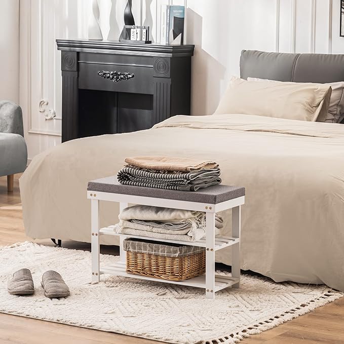 Apicizon 3-Tier Shoe Rack for Entryway, Bamboo Shoe Bench with Cushion Padded Seat, Small Shoe Organizer with Storage for Indoor Entrance Hallway Bedroom Living Room, White