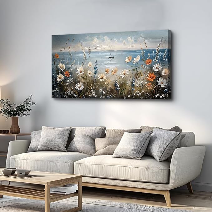 MHARTK66 Canvas Wall Art For Living Room Wall Decor For Bedroom Office Decoration Blue Ocean Paintings Flowers Landscape Wall Pictures Artwork Modern Aesthetic Room Home Decor Ready To Hang Posters