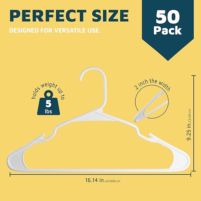 50 Pcs. Lightweight White Plastic Clothes Hangers Set with Smart Shoulder Grooves - Space-Saving, Non-Slip, Durable Coat Hangers for Organized Closets