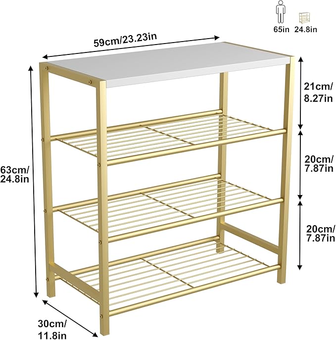 HOMEFORT 4-Tier Shoe Rack, Shoe Storage Shelf, Industrial Shoe Tower, Narrow Shoe Organizer for Closet Entryway, Small Shoe Rack Table with Durable Metal Shelves, Gold