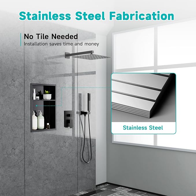 12" x 18" Stainless Steel Shower Niche – Recessed 2-Tier Shower Shelf, 12"x12" Upper & 12"x6" Lower Storage, Modern Bathroom Wall Niche (Black)