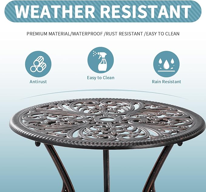 Outdoor Bistro Table and Chairs Set of 2 Cast Aluminum Patio Bistro Set with Umbrella Hole, All Weather Bistro Table Set for Garden, Suitable for All People, Bronze