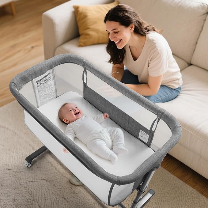 Kinder King Baby Bassinet w/Wheels, Folding Portable Newborn Bedside Sleeper, All-Sided Mesh Infant Crib, Adjustable Height, Removable Soft Mattress, No Tool to Assemble, Grey