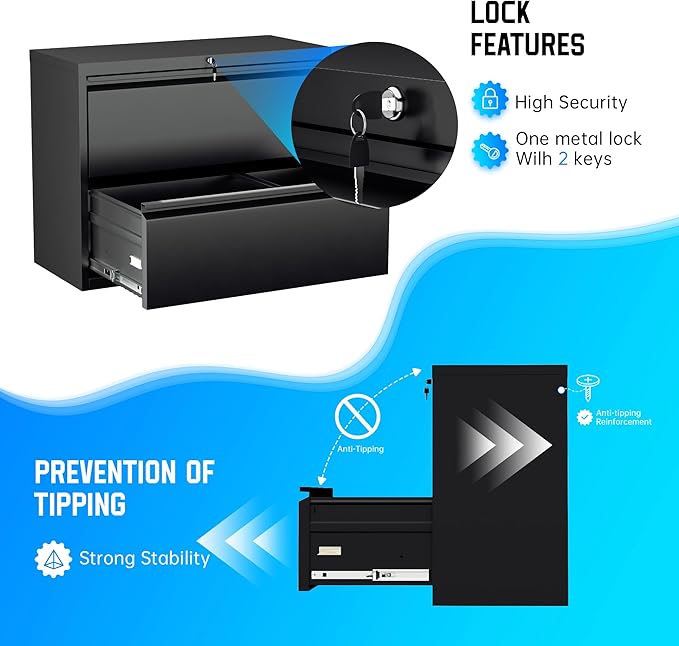 Greenvelly 2 Drawer File Cabinet, Black Metal Lateral File Cabinet with Lock, Office Filing Cabinet for Legal/Letter/A4/F4 Size with Hanging Files&Key, Lockable File Cabinets for Home Office