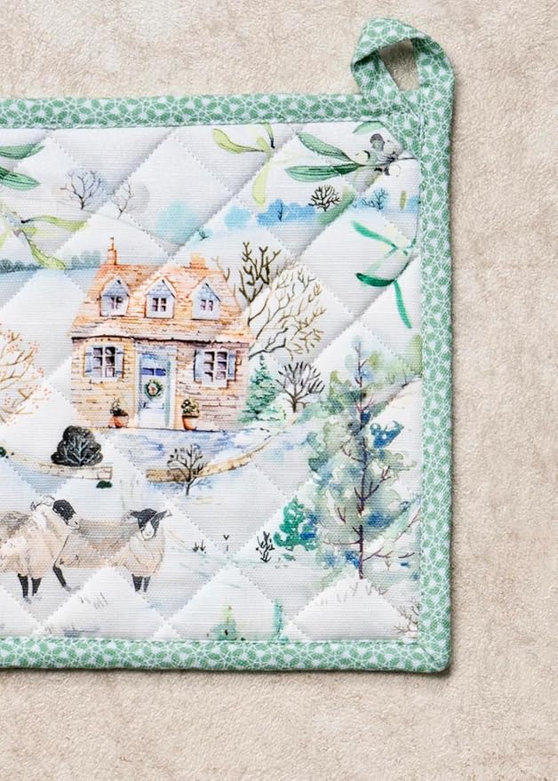 Maison d' Hermine Pot Holders 100% Cotton Heat Resistant Potholders 8" x 8" Hot Pads with Loop for Thanksgiving Christmas Decorations BBQ Cooking Baking Handling Hot Pans (Pack of 1, Snowy World)