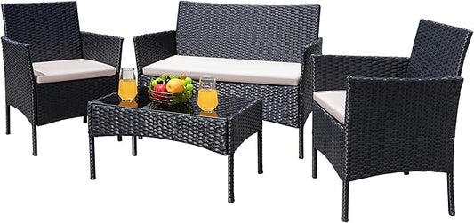 Greesum Patio Furniture 4 Pieces Conversation Sets Outdoor Wicker Rattan Chairs Garden Backyard Balcony Porch Poolside loveseat with Cushion and Glass Table, Black and Beige