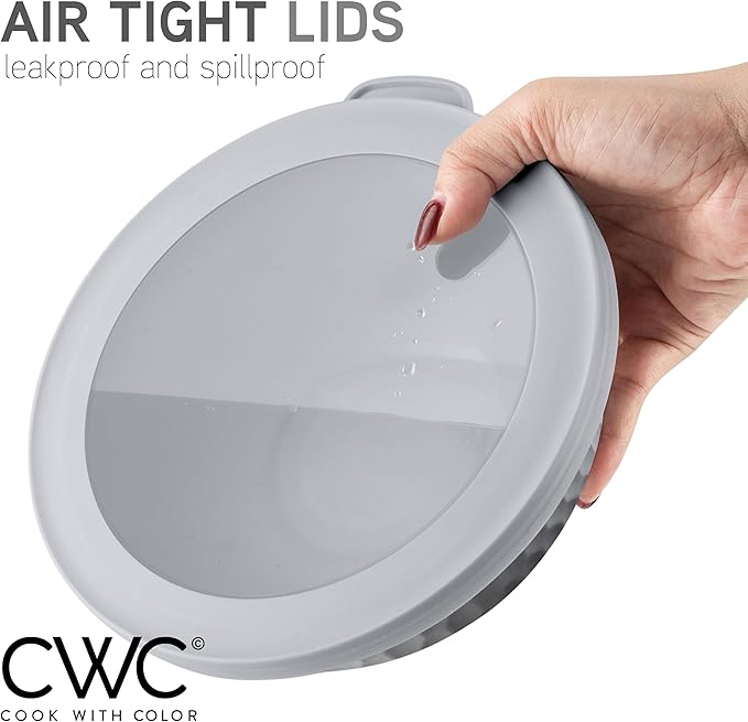 COOK WITH COLOR Mixing Bowls with Lids - 12 Piece Plastic Nesting Bowls Set includes 6 Prep Bowls and 6 Lids, Non Slip Bottom and Embossed Design - Microwave Safe (Grey)