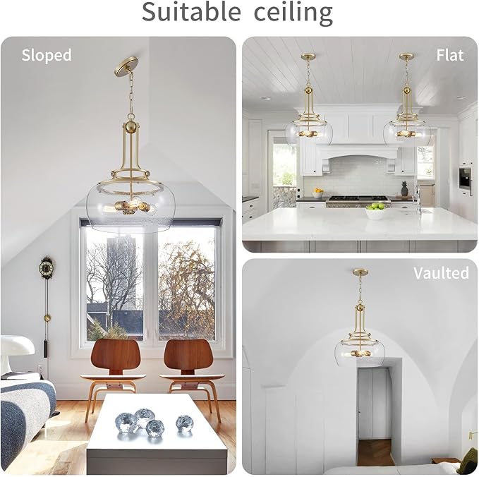 WUZUPS Chandelier Rustic Farmhouse Industrial Round Ceiling Pendant LED Light Fixture Clear Seeded Glass Shade for Dining Room Kitchen Island Foyer Entryway, H 20.9" x W 15.9", Gold